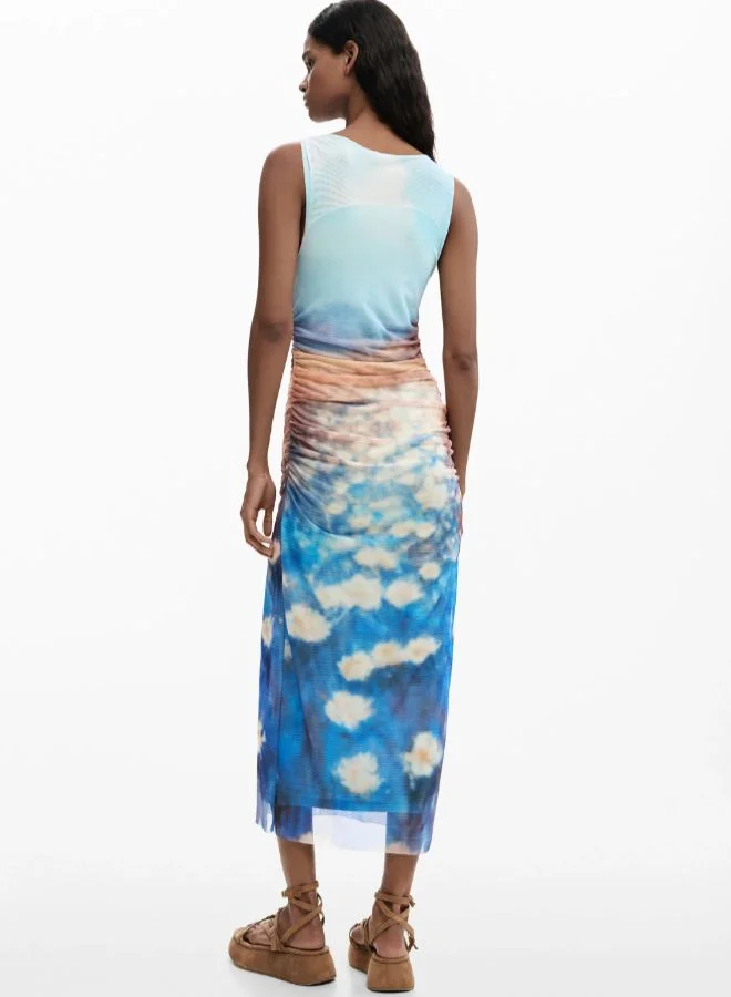 DESIGUAL sky blue and cloud print Draped Waterlily Dress for Women | Best Price UAE